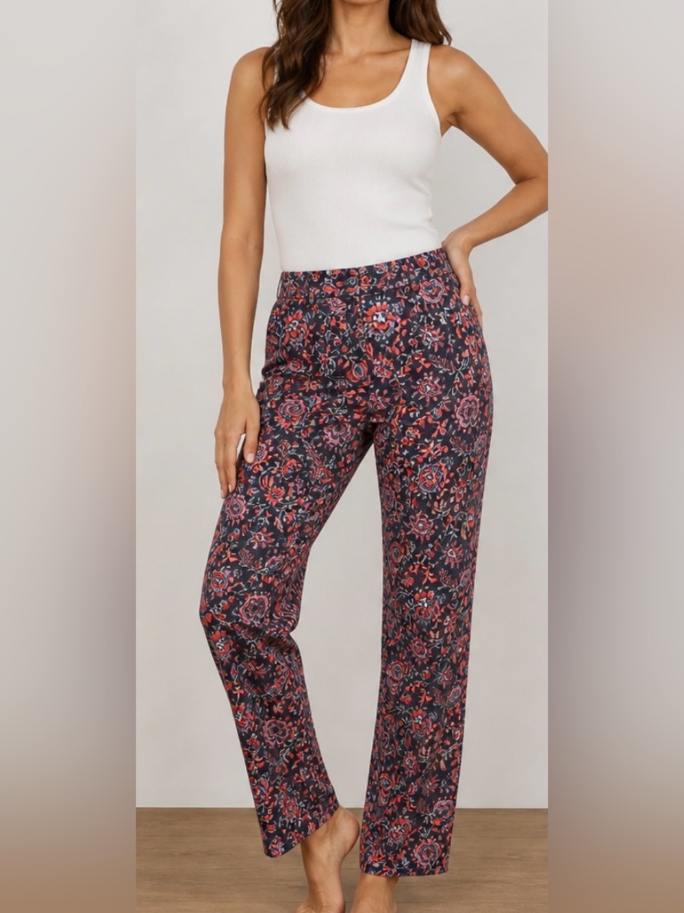 Pendleton floral crop pants Size 8 Navy Blue Pink purple Zip up side New